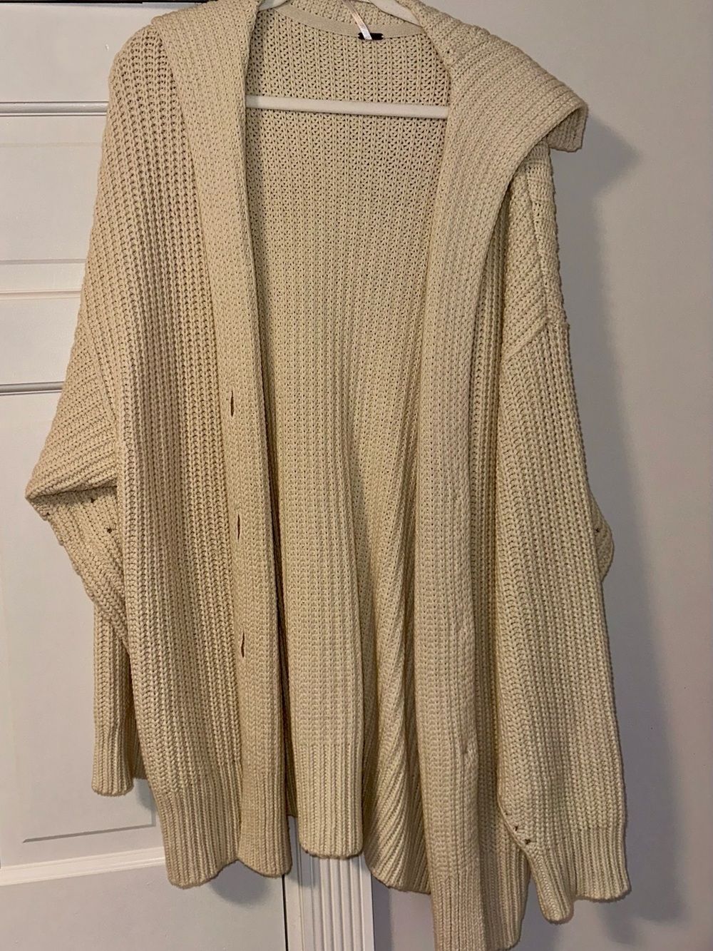Free People Cream Hooded Open-Front Knit Cardigan